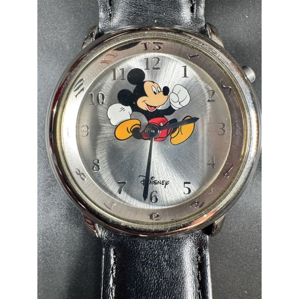 Disney Mickey Mouse Musical Quartz Watch MU0319 Silver Tone Black Leather Band